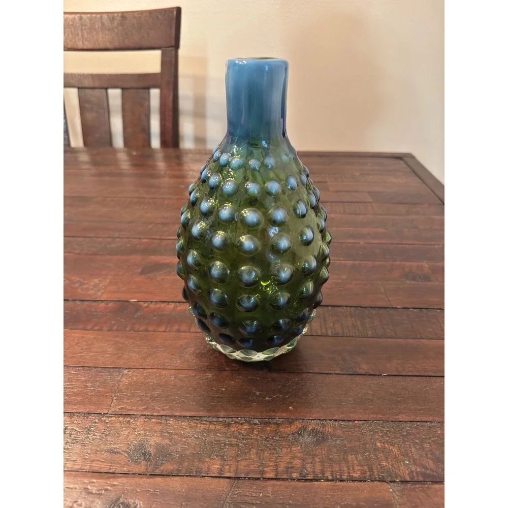 Dynasty Gallery Art Glass Vase Green Blue Hobnail Bubble Handcrafted 9 Inch